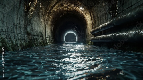 a looking down a dark water filled concrete sewer pipe, lighting coming from the back