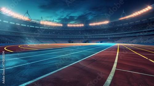 stadium with track and field  wide angle view  bright lights  night sky