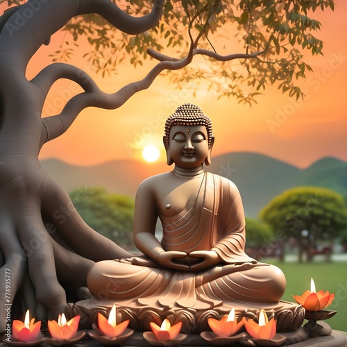 Happy vesak day or buddha purnima Buddha sitting under bodhi tree on sunset background-Magha Puja