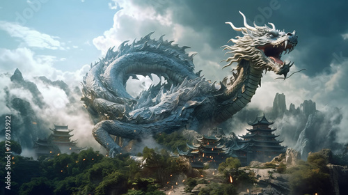 There is an ancient dragon flying over a mountain. Chinese dragon concept art. © Much