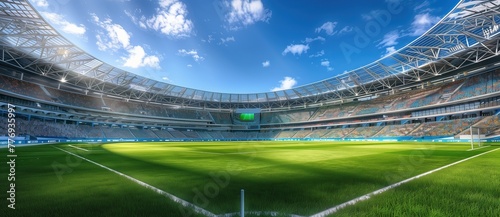 Soccer stadium with fans, stands and green grass field for football match