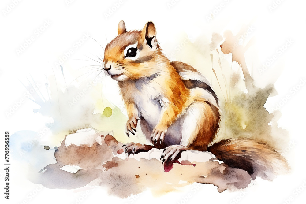 Obraz premium Watercolor painting of chipmunk on a clean background. Wildlife Animals. Illustration, Generative AI.