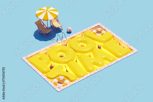 Swimming pool with Pool Time inflatable text, floating on the water. Pool party poster with beach chair, umbrella and ball. Summer vacation concept. 3d illustration, rendering. Aerial view. © Ramil Gibadullin