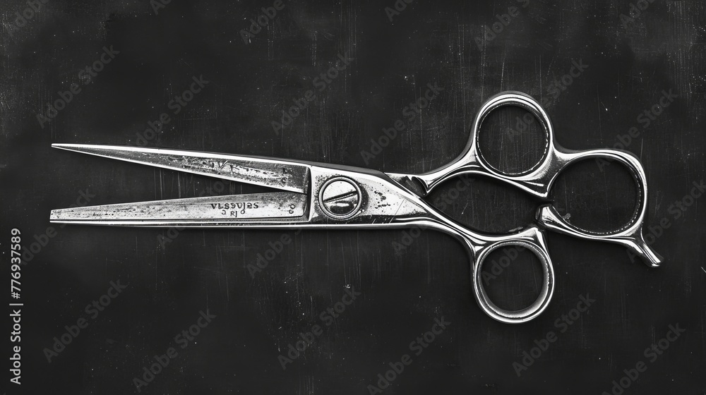 black and white illustration of antique hair stylist scissors  - obrazy, fototapety, plakaty 