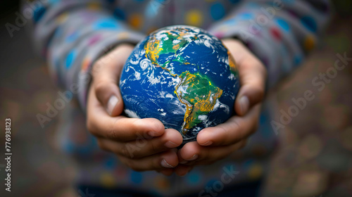 small child's hand gently holding a small globe, symbolizing the need for environmental care and global responsibility.