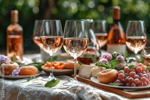 A table with a variety of food and drinks, including wine glasses and bottles