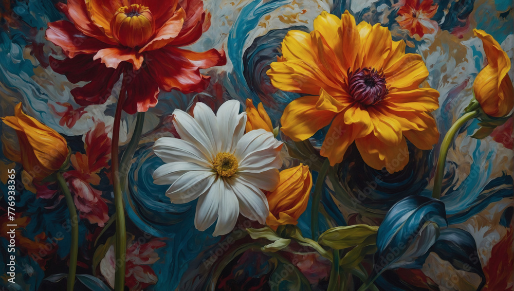 Bold and beautiful oil-painted flowers, their colors swirling into an abstract tapestry of artistic expression.
