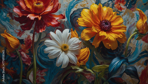 Bold and beautiful oil-painted flowers  their colors swirling into an abstract tapestry of artistic expression.