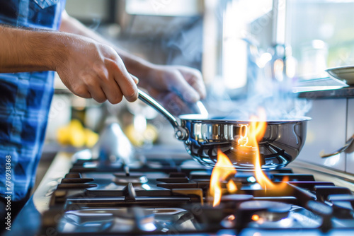 Flaming pan on a home gas stove