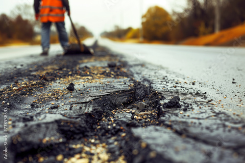 Worker resurfacing asphalt road photo