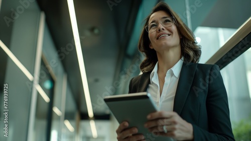 Portrait of a businesswoman making notes on her tablet. Smiling and looking confident caucasian woman in a corporate office hall.