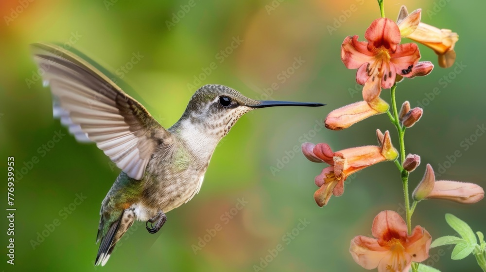 Fototapeta premium A hummingbirds iridescent feathers shimmering as it hovers near a vibrant flower