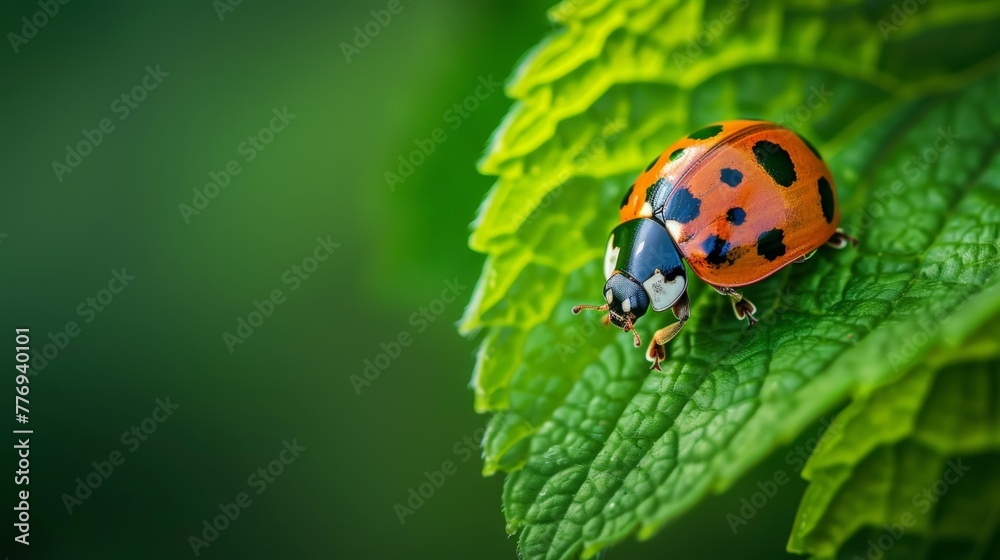 Obraz premium A ladybugs spotted shell crawling along a vibrant green leaf