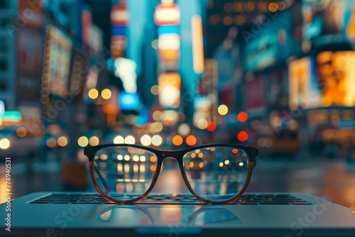 A pair of glasses is on a table with a city view in the background