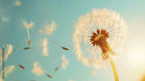A dandelion is blowing in the wind, with its seeds scattered in the air