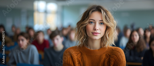 Focused woman teacher in a classroom with students in the background. Education and leadership concept with copy space for design and print. Academic environment with attention on the educator