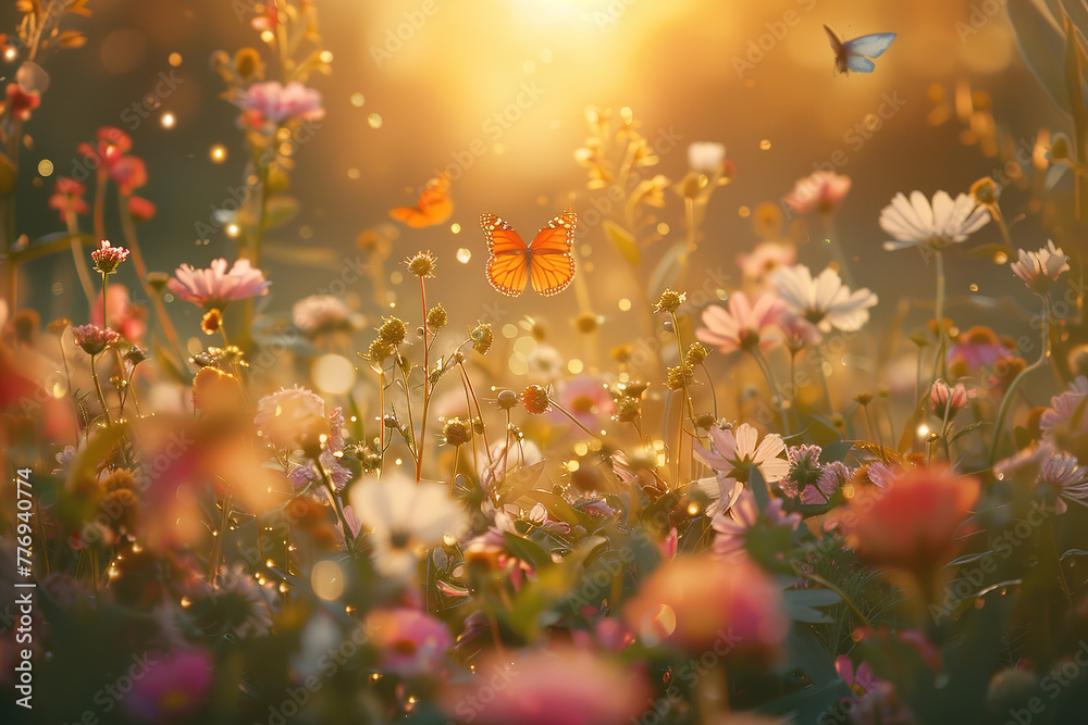 Flowers and butterflies in a magical garden with sunlight Flowers and butterflies in a magical garden with sunlight