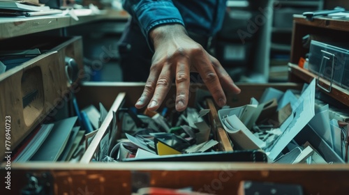 A person's hand is reaching into a messy drawer full of papers