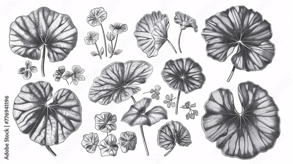Monochrome botanical illustration set of gotu kola Centella asiatica plant leaf. Graphic design elements for labeling, packaging, and menus. Engraved aesthetic. - obrazy, fototapety, plakaty 