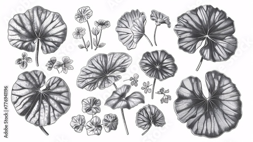 Monochrome botanical illustration set of gotu kola Centella asiatica plant leaf. Graphic design elements for labeling, packaging, and menus. Engraved aesthetic.