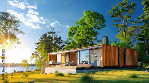 Sunny Lakeside Living: Modern Shipping Container House Embracing Eco-Friendly Sustainability