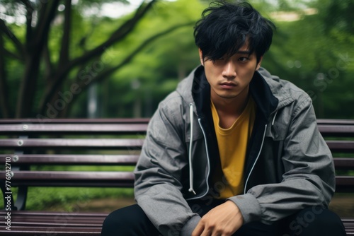 Portrait of a young Asian man, about 20 years old, sitting on a bench in the park, holding his stomach due to cramps