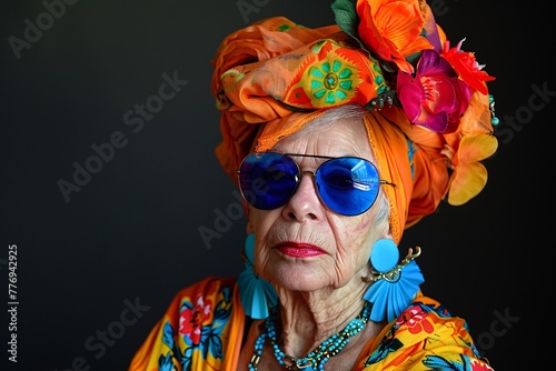 an older woman wearing sunglasses and a turban