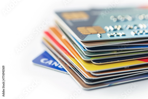 Cose-up of credit card on white background. Credit card payment for purchases, business financial and banking concept.
