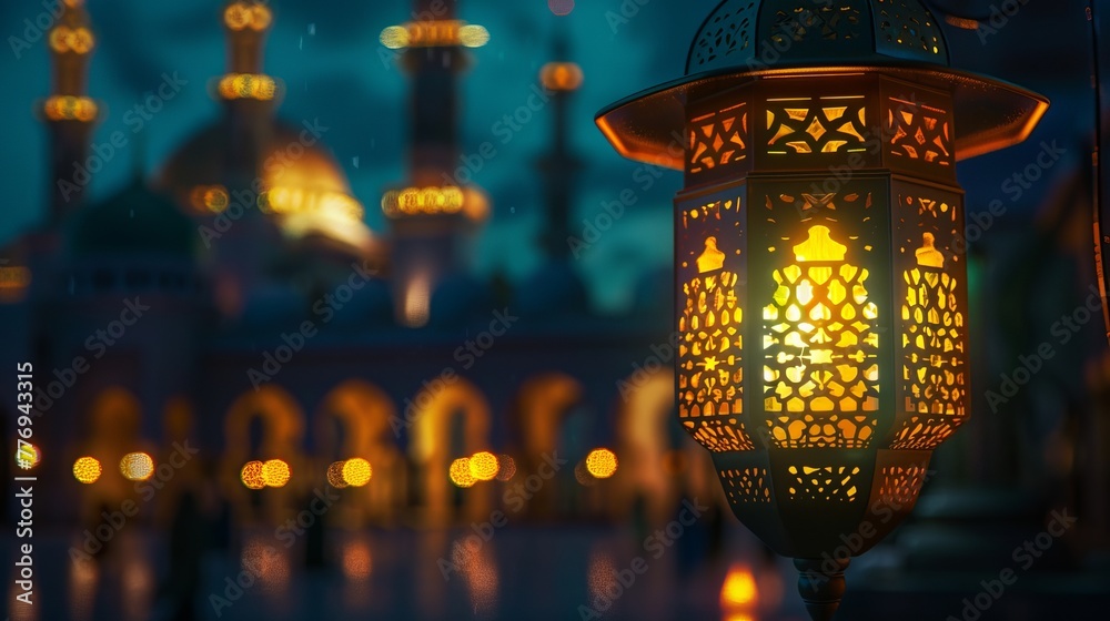 Arabic Lantern Glowing at Night with Mosque Background. Ramadan Kareem 2024 Concept