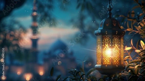 Arabic Lantern Glowing at Night with Mosque Background. Ramadan Kareem 2024 Concept © Orxan