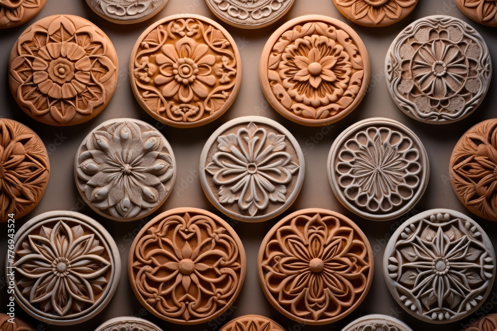 Artistic image of clay stamps arranged in a symmetrical pattern against a backdrop of raw clay, symbolizing the harmony between nature and craftsmanship in ceramic art
Artistic image of clay stamps arranged in a symmetrical pattern against a backdrop of raw clay, symbolizing the harmony between nature and craftsmanship in ceramic art