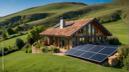 A cozy cottage nestled among rolling hills, its roof adorned with solar panels that gleam in the bright blue sky.