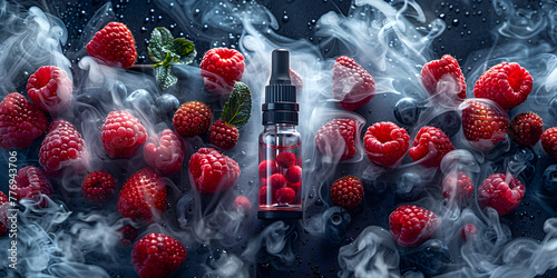 Bottle with liquid Vaping Flavored eliquid Berries and fruits Generative AI,Abstract colorful vape wallpaper with berry and smoke

 photo