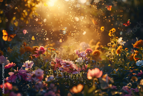 Flowers and butterflies in a magical garden with sunlight