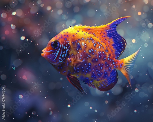 Tropical fish serenely swimming in the vastness of a galaxythemed backdrop ,3DCG,clean sharp focus photo