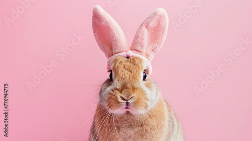 Cute domestic rabbit looking at the camera looking funny wearing hair band with pink bunny ears on pink background © James