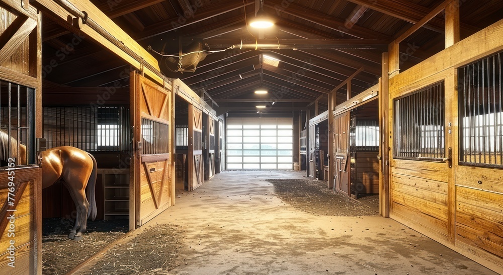 Fototapeta premium The Comprehensive Interiors of a Grand Horse Farm Stable, Bridging Tradition and Innovation