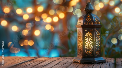 Lantern on Wooden Table for Ramadan Kareem. 2024 Concept