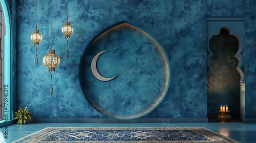 Modern Blue Wall with Ramadan Crescent. 2024 Concept