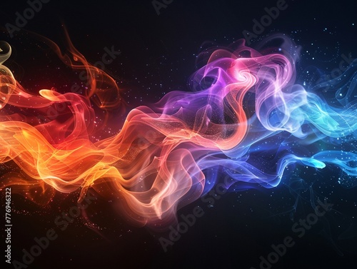 Abstract dance of vibrant, multicolored smoke plumes, swirling on a black background ,high resulution,clean sharp focus