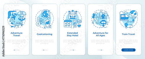 Trends in traveling blue onboarding mobile app screen. Walkthrough 5 steps editable graphic instructions with linear concepts. UI, UX, GUI template. Montserrat SemiBold, Regular fonts used