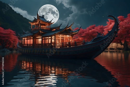 Ancient chinese dragon boat with lamp and red leaves under the fullmoon on the calm lake