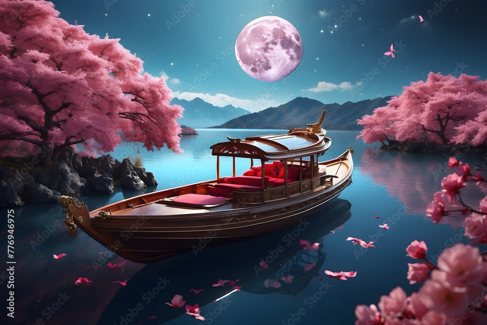 A boat and cherry blossom under the pink moon - obrazy, fototapety, plakaty 