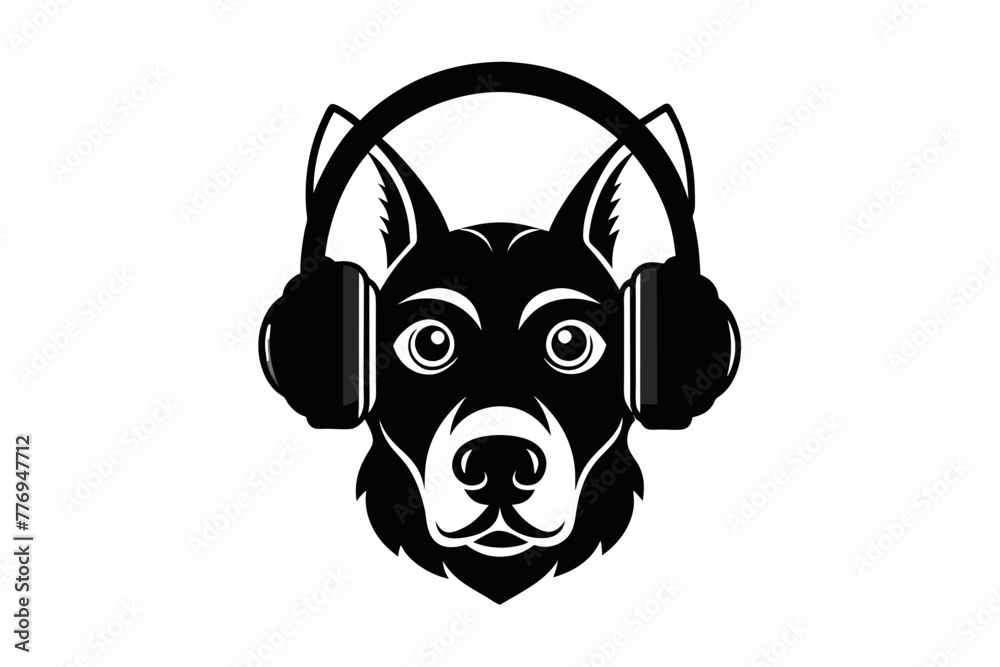 Dog head with headphones silhouette black artwork illustration
