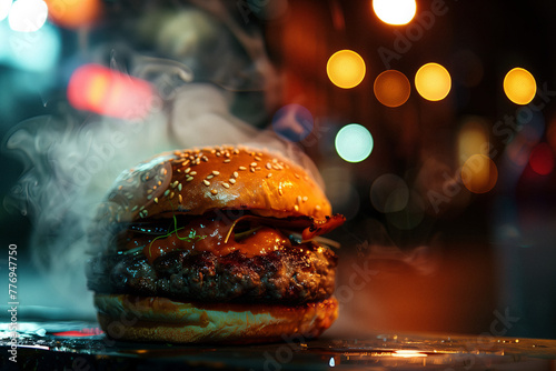 Steamy Gourmet Burger in Neon Light. Juicy burger with steam, bokeh lights background.