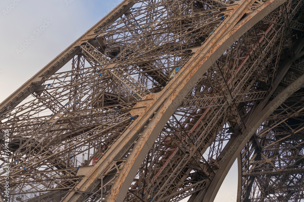 A part of the Eiffel Tower seen from one side.