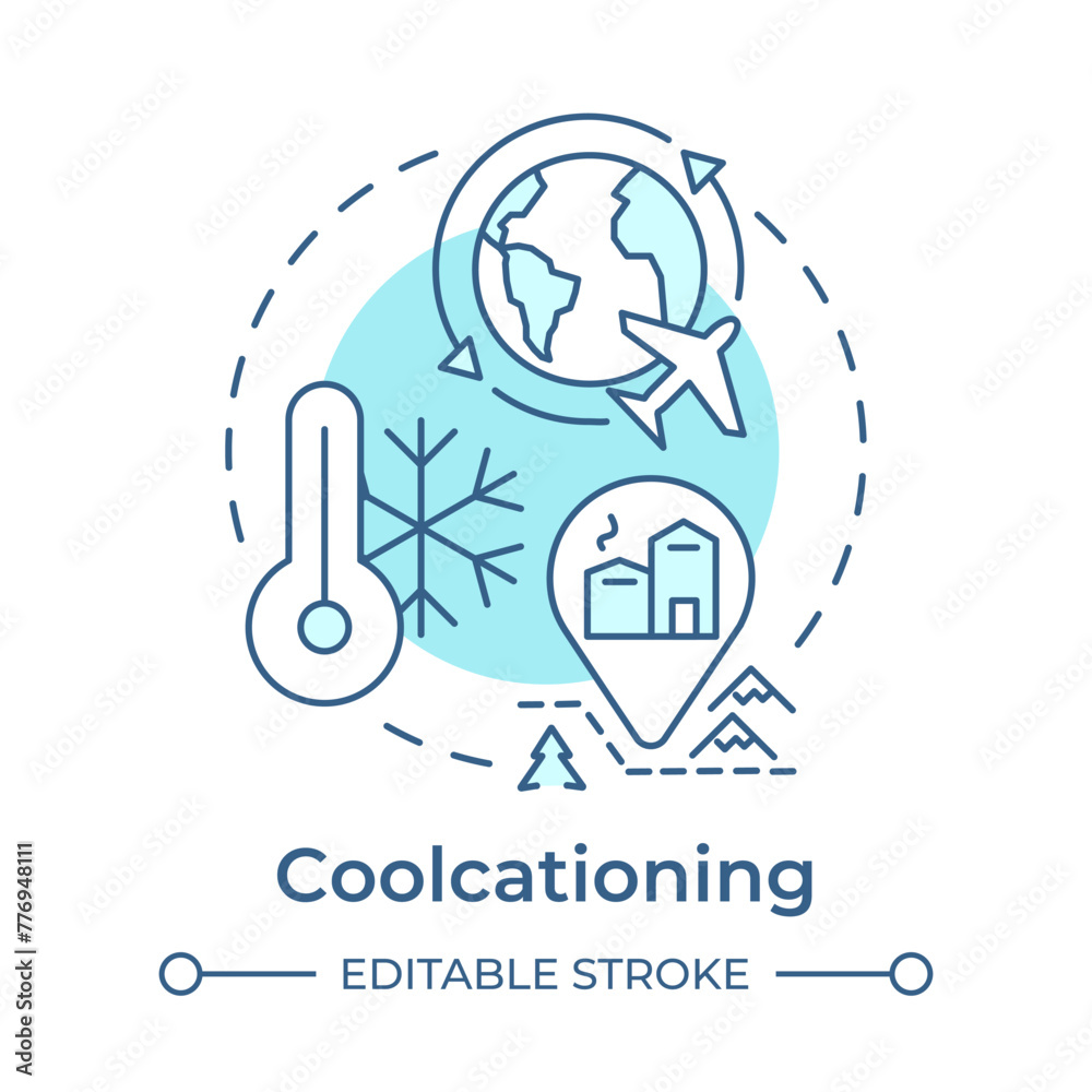 Coolcationing soft blue concept icon. Cold weather vacation. Winter retreat. Travel trend. Ski resort. Round shape line illustration. Abstract idea. Graphic design. Easy to use in blog post Coolcationing soft blue concept icon. Cold weather vacation. Winter retreat. Travel trend. Ski resort. Round shape line illustration. Abstract idea. Graphic design. Easy to use in blog post