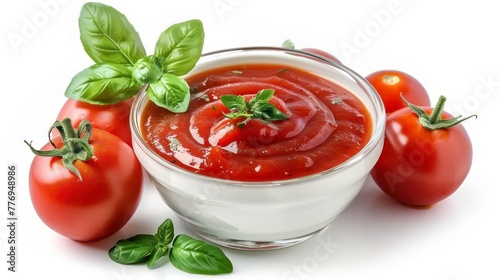 A Bowl Filled with Homemade Ketchup, Beside Juicy Tomatoes and Fragrant Basil, Isolated on White