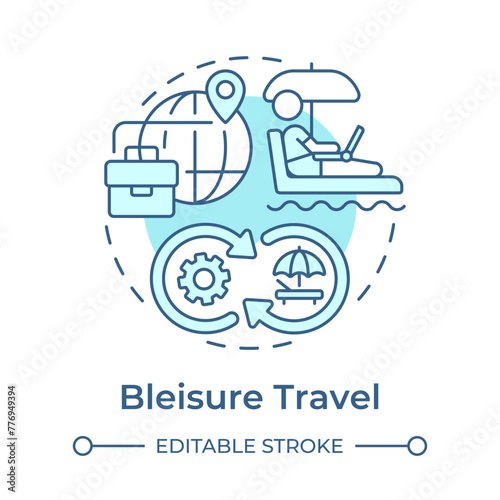 Bleisure travel soft blue concept icon. Business trip and leisure activity. Digital nomad. Niche tourism. Round shape line illustration. Abstract idea. Graphic design. Easy to use in blog post