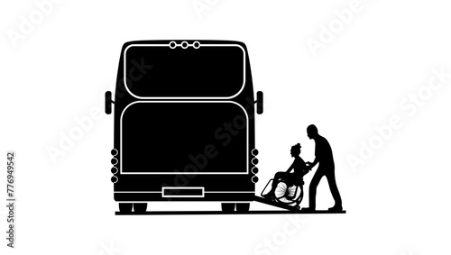Man helping disabled woman on bus, black isolated silhouette